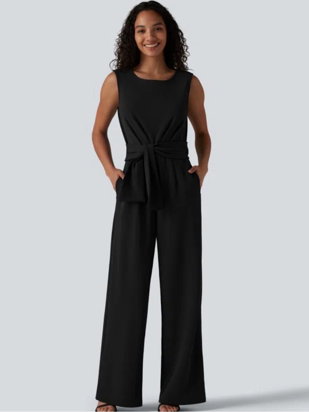 HALARA Black Sleeveless Wide-Leg Jumpsuit with Waist Tie